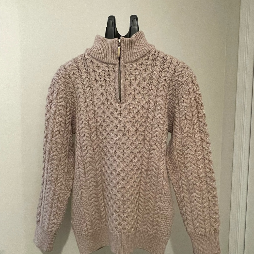 Shades of Aran 100% Merino Wool quarter zip. Beige Cable Knit Sweater